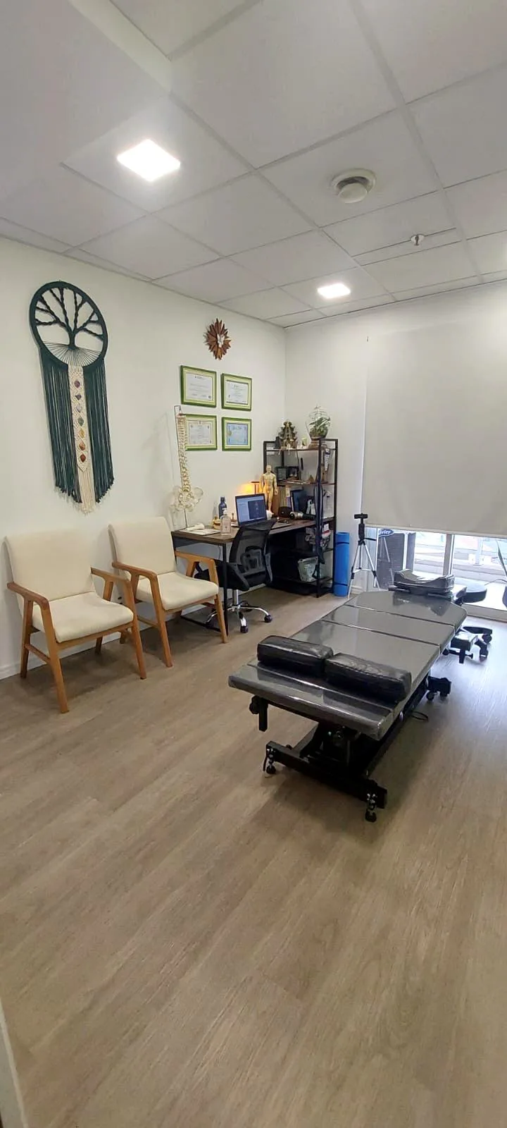 Sala da KiSan com elementos de cuidado, certificados e árvore da vida na parede